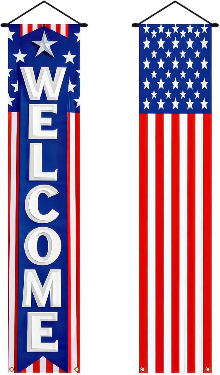 2Pcs Patriotic Decor Welcome Door Banner 4th of July Decorations American Banners Hanging Porch Signs for Independence Memorial Day Veterans Labor Day for Yard Indoor Outdoor Supplies